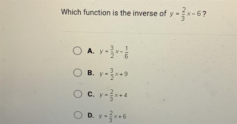 Which function is the inverse of y - x-6?O A. y=x-33O B. y = 5 x +9O c. yC. y - x-example-1