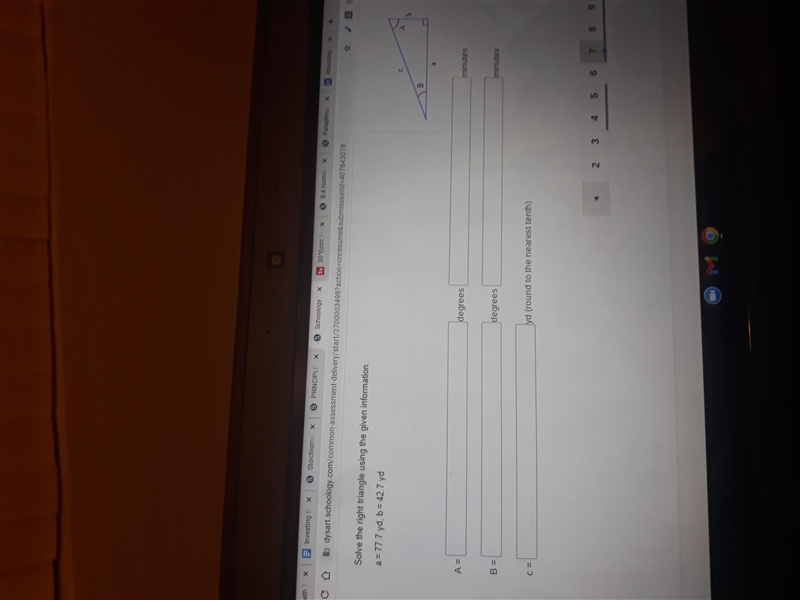 Solve the right triangle using the given information. a = 77.7 yd, b = 42.7 yd B A-example-1