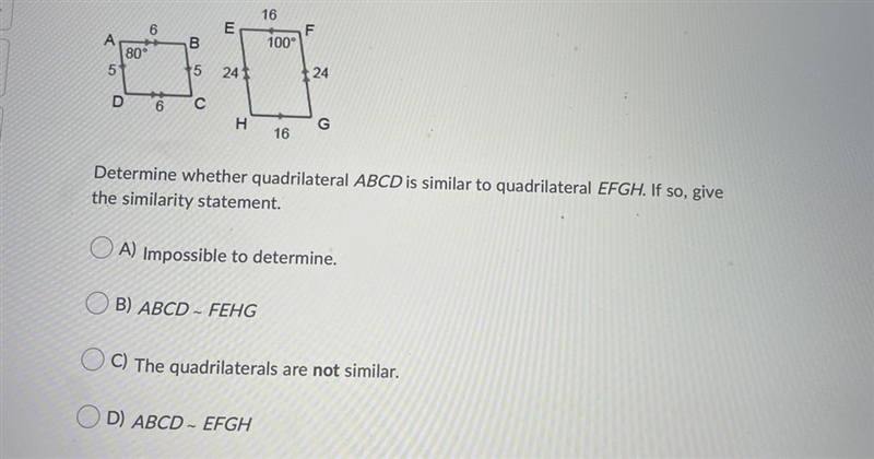 Determine whether quadrilateral ABCD is similar to quadrilateral EFGH. If so, give-example-1