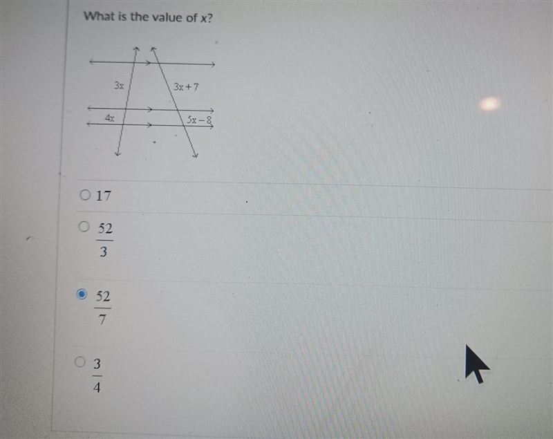 What is the value of x? 17 52/3 52/7 3/4-example-1