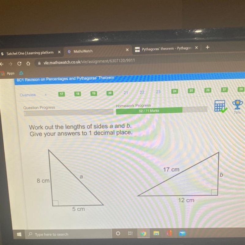 Work out the lengths of sides a and b. Give your answers to 1 decimals place. (Pythagoras-example-1