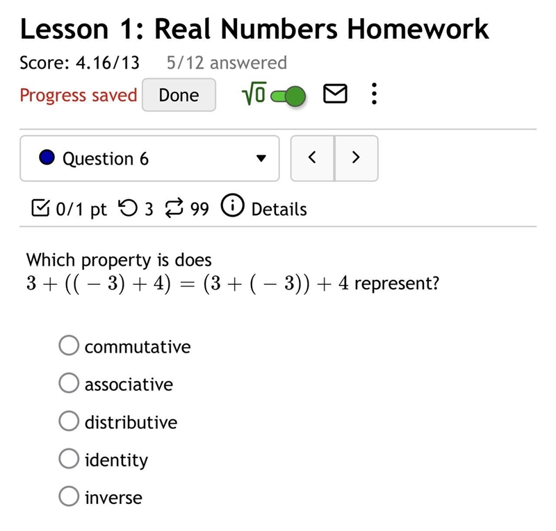 Which property is does 3 + (( − 3) + 4) = (3 + ( − 3)) + 4 represent? commutative-example-1