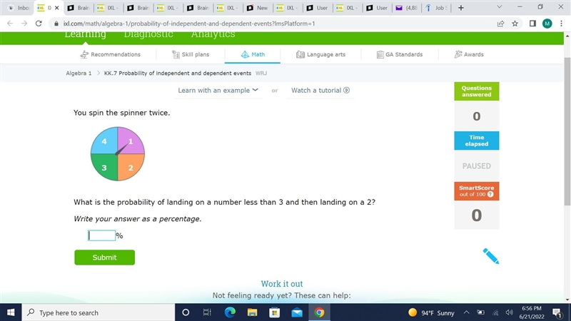 You spin the spinner twice.What is the probability of landing on a number less than-example-1