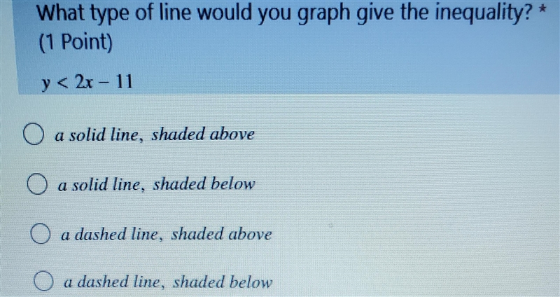 What type of line would you graph give the inequality? (1 Point) y < 2t - 11 a-example-1