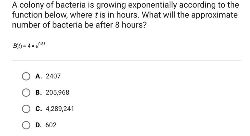 A colony of bacteria is growing exponentially according to thefunction below, where-example-1