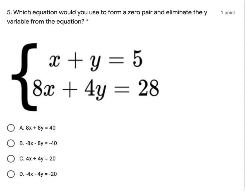 Which equation would you use to form a zero pair and eliminate the y variable from-example-1