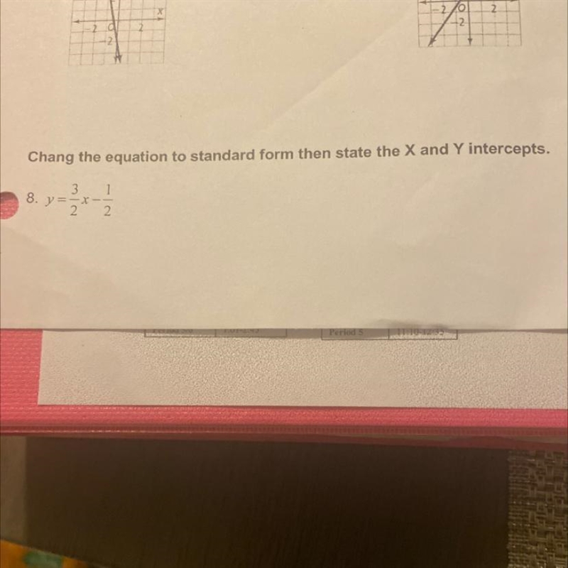 Change the equation to standard form the state from x and y intercepts-example-1