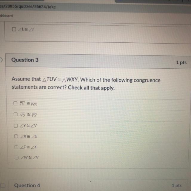 Assume that ATUV = AWXY. Which of the following congruencestatements are correct? Check-example-1