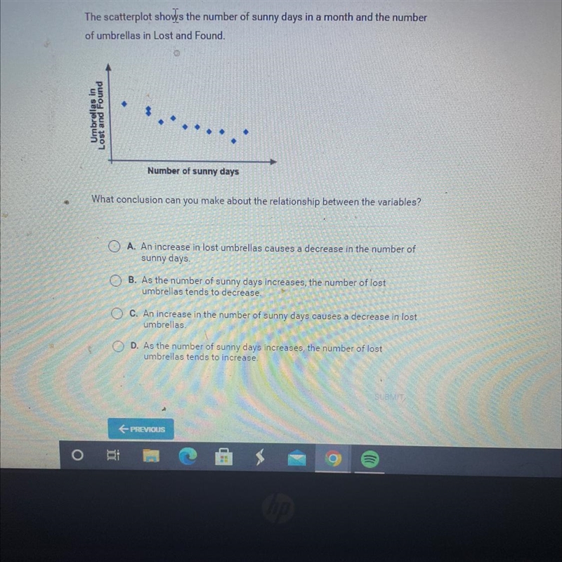 The scatterplot shows the number of sunny days in a month and the numberof umbrellas-example-1