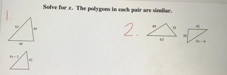 Solve for x. The polygons in each pair are similar.-pls label them-example-1