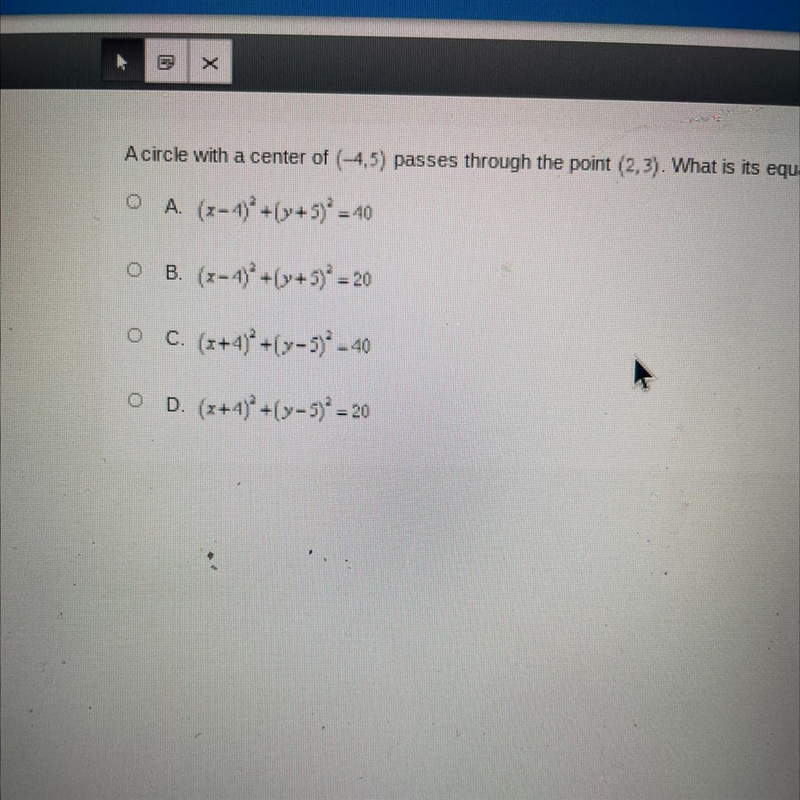 A circle with a center of (-4,5) passes through the point (2,3). What is its equation-example-1