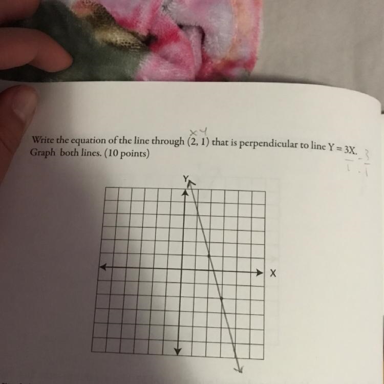 Write the equation of the line through (2,1) that is perpendicular to the line y=3x-example-1