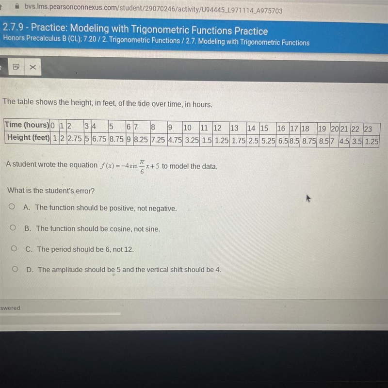 A student wrote the equation f(x)=-4sin pi/6 x+5 to model the data.What is the student-example-1