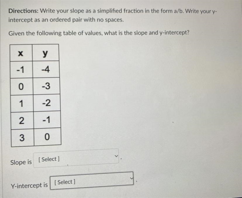 Given the following tables of values what is the slope and y intercept-example-1