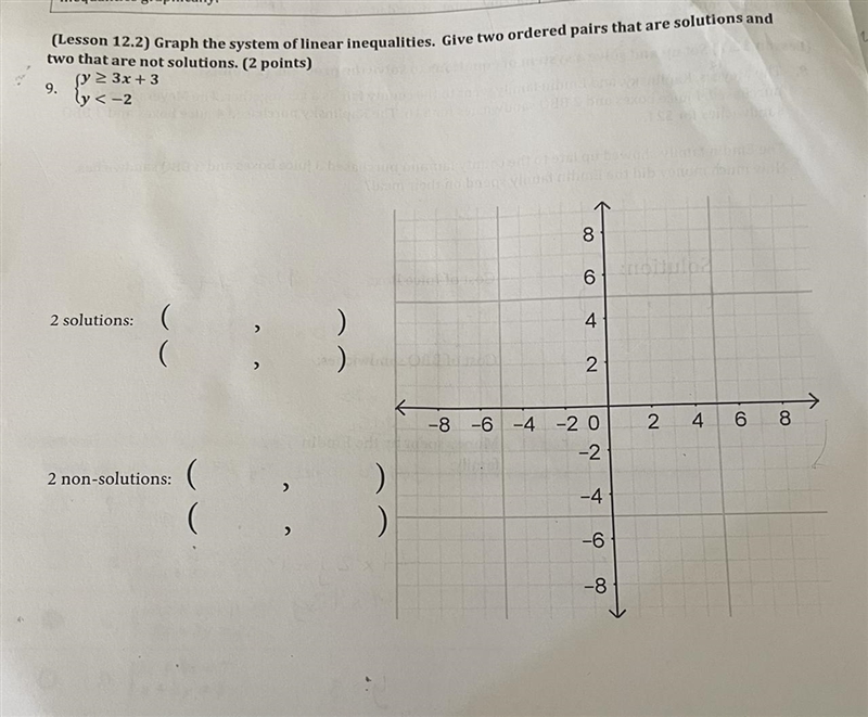 graph they system of linear inequalities. Give two orders pairs that are solutions-example-1