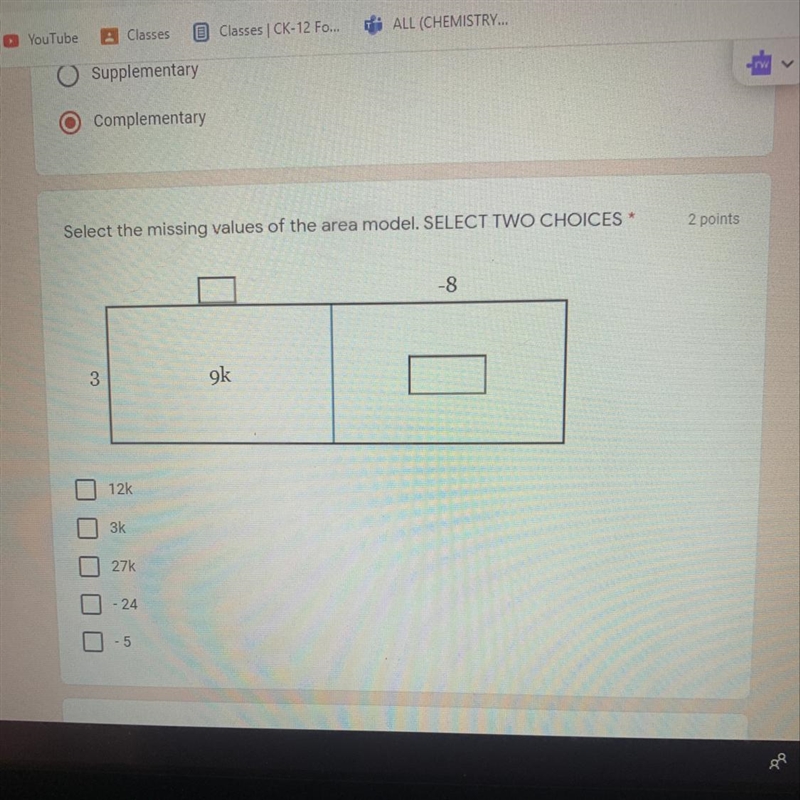 Select the missing values of the area model. SELECT TWO CHOICES *2 points-839k12kЗk-example-1