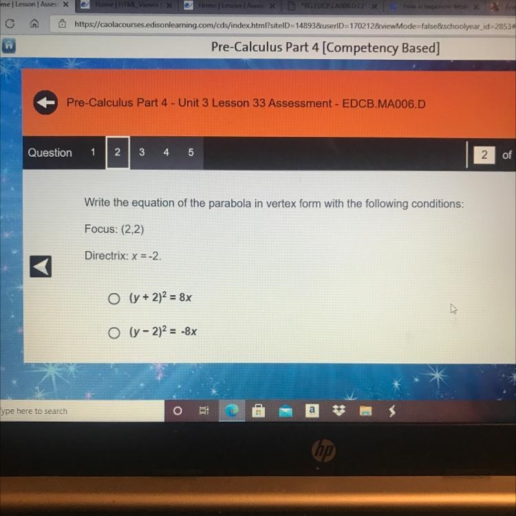 Write the equation of the parabola in vertex form with the following conditions:Focus-example-1