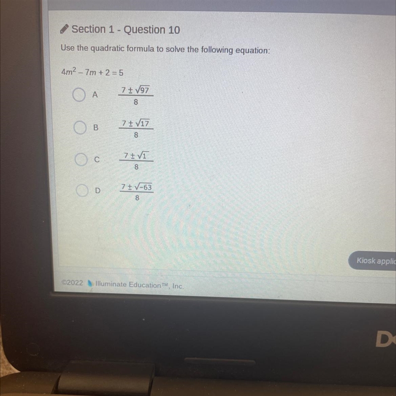 Section 1- Question 10Use the quadratic formula to solve the following equation:4m-example-1