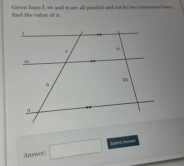 Given lines 1, m and n are all parallel and cut by two transversal lines, find the-example-1