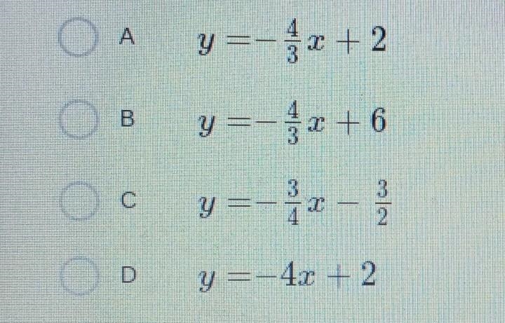 Question 15 The equation of line p is 4x + 3y = 6 Which equation represents the same-example-1