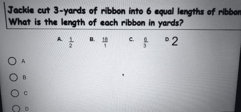 Jackie cut 3-yards of ribbon into 6 equal lengths of ribbon. What is the length of-example-1