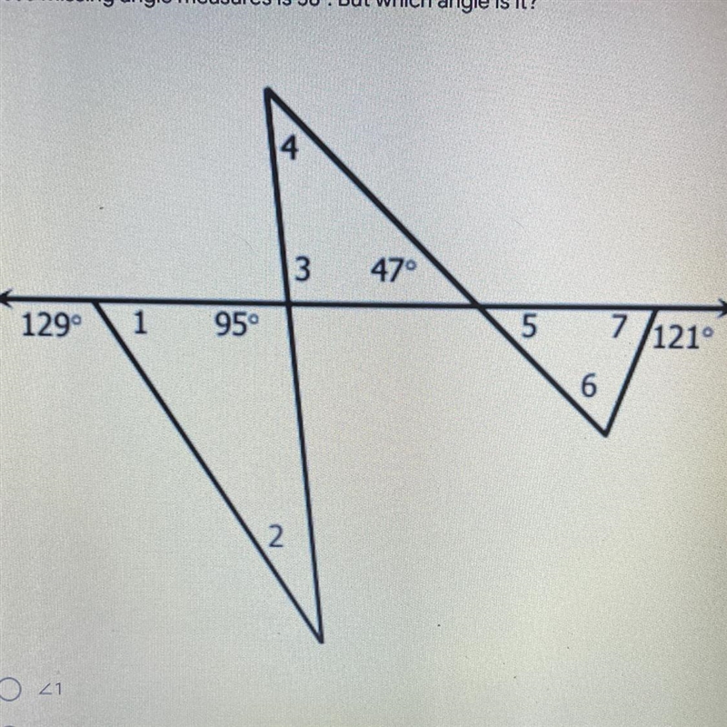 In the figure below there are 7 missing angles! The answer to one ofthese missing-example-1