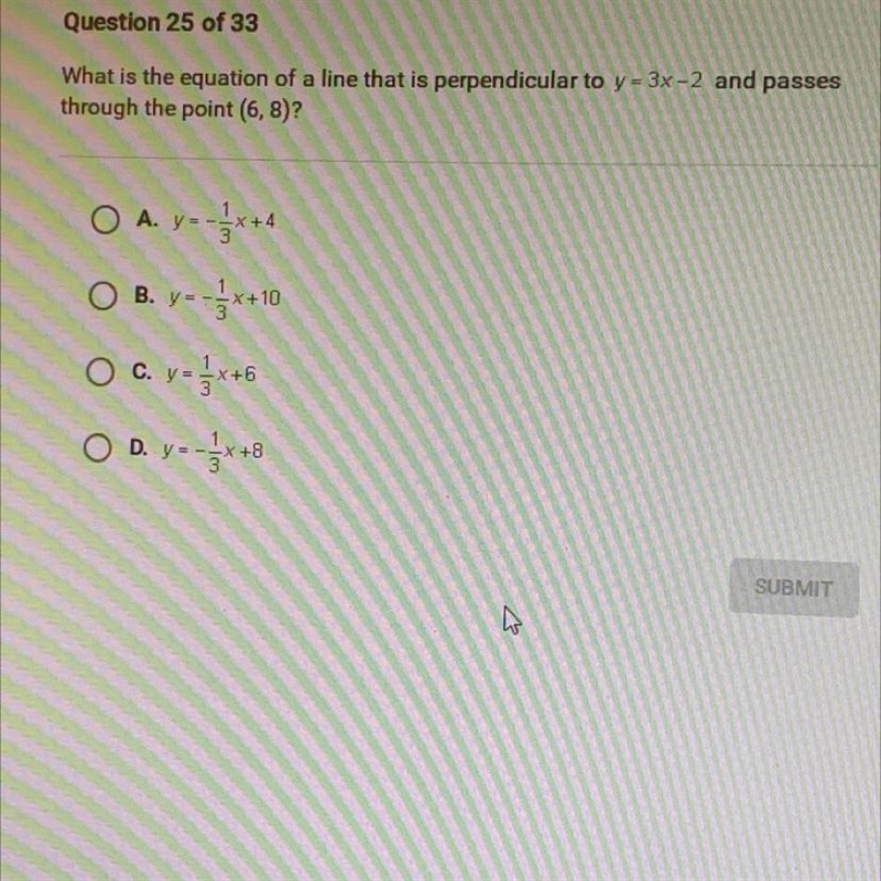 What is the equation of a line that is perpendicular to y = 3x-2 and passesthrough-example-1