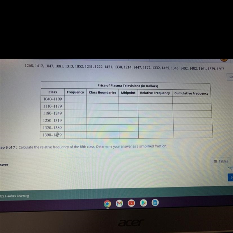 Calculate the relative frequency of the fifth class. Determine your answer as a simplified-example-1