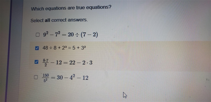 Which equations are true equations? Select all correct answers. o 92 - 72 = 20 : (7-2) O-example-1