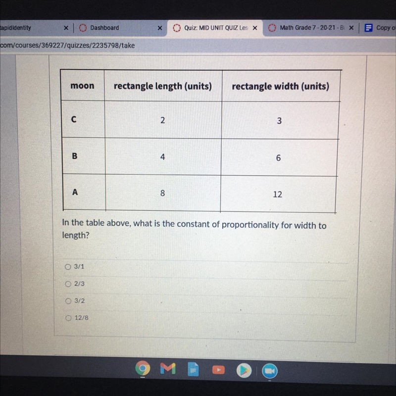 HELP PLEASE In the table above, what is the constant of proportionality for width-example-1