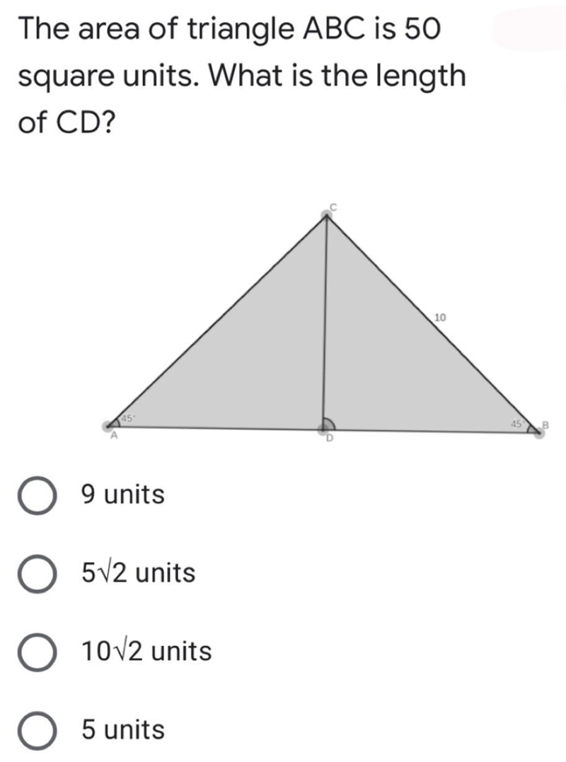 The area of triangle ABC is 50 square units. What is the length of CD?-example-1