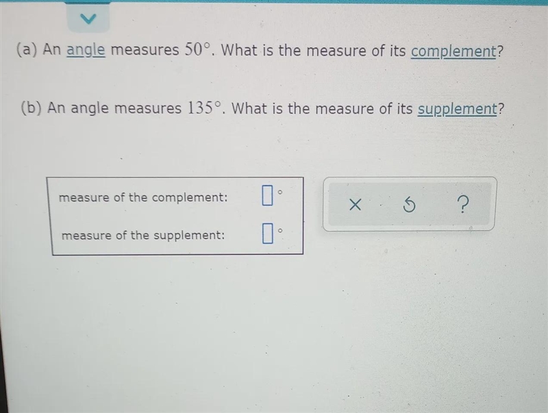 Finding supplementary and complementary angles (a) An angle measures 50°. What is-example-1