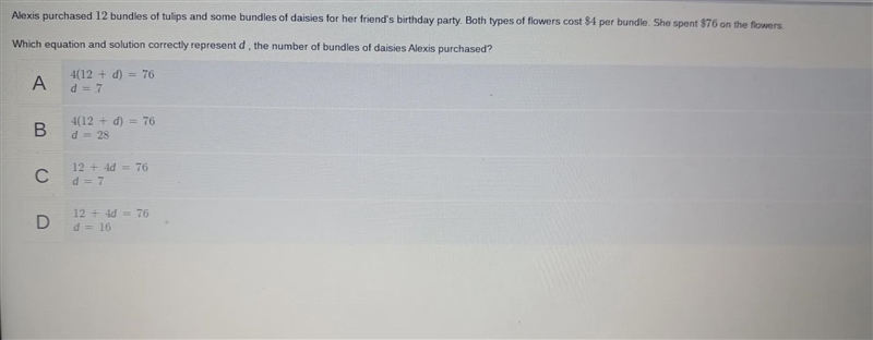 which equation and solution correctly represents d the number of bundles of daisies-example-1