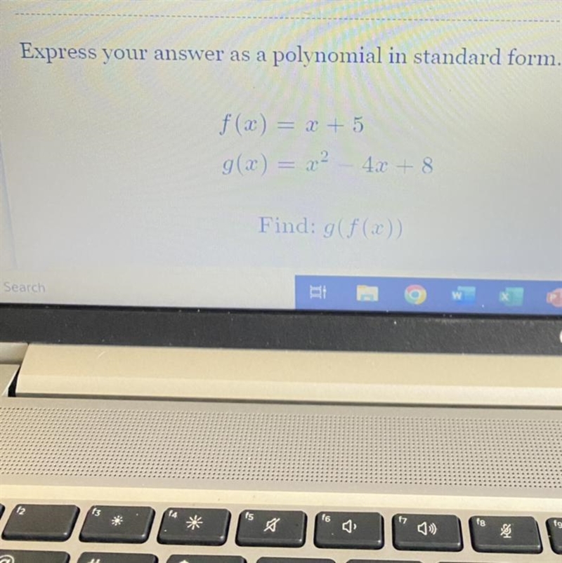 Express your answer as a polynomial in standard form. f(x) = x + 5 g(x) = x² 4x + 8 Find-example-1