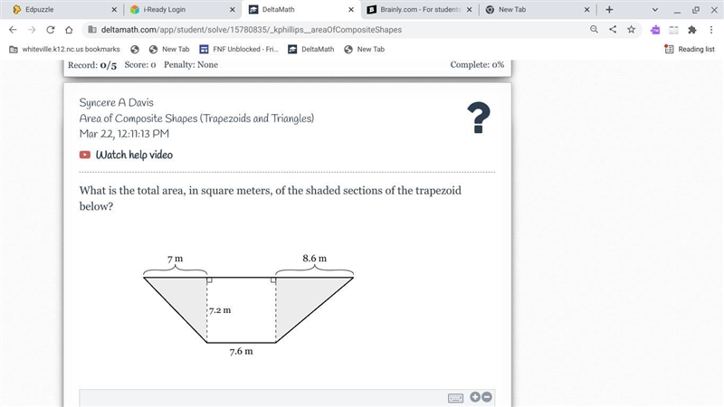 What is the total area, in square meters, of the shaded sections of the trapezoid-example-1