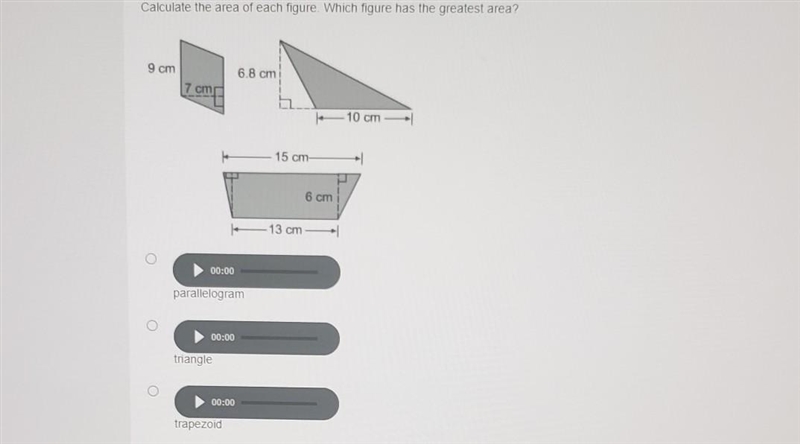 Calculate the area of each figure. Which figure has the greatest area? 9 cm 6.8 cm-example-1