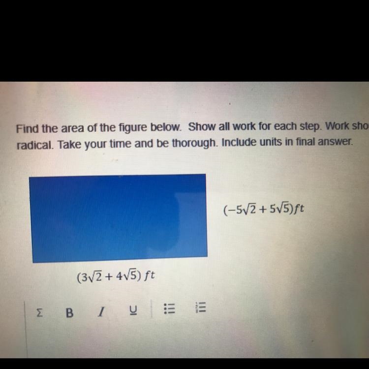 Find the area of the figure below. Show all work for each step. Work should inc radical-example-1