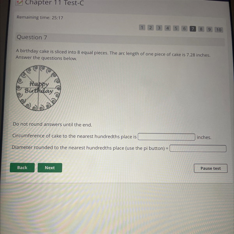 Circumference of cake to the nearest hundredth place and diameter rounded to the nearest-example-1