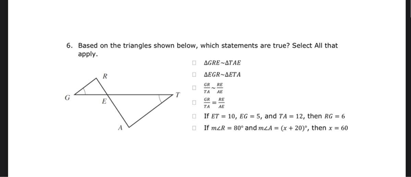 Based on the triangles shown below, which statements are true? Select All that apply-example-1