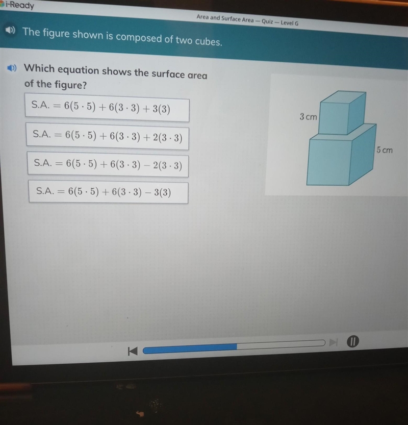 The figure shown is composed of two cubes. Which equation shows the surface area of-example-1