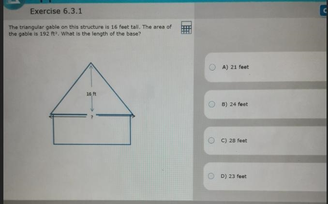 The triangular gable on this structure is 16 feet tall. The area of the gable is 192 ft-example-1