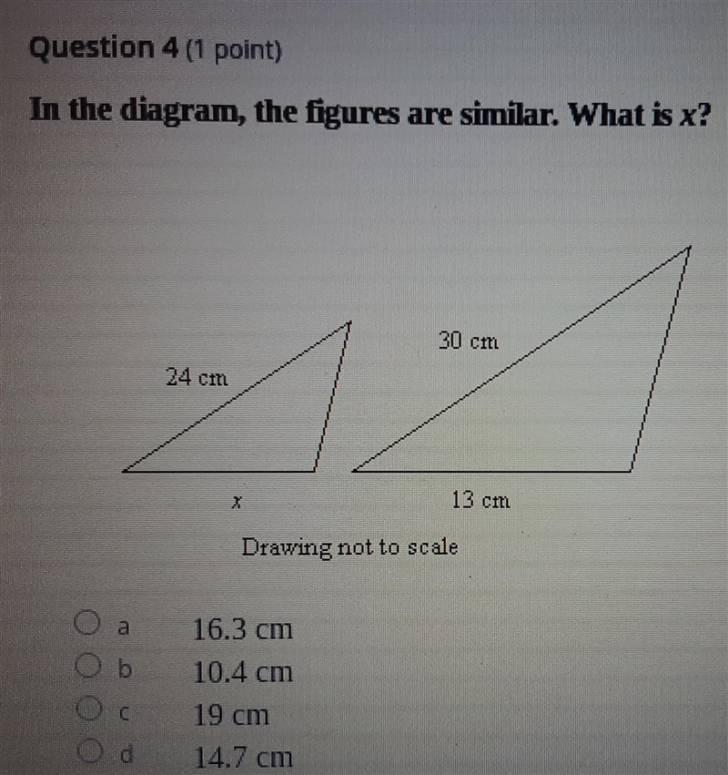 in the diagram the figures are simular, what is x?triangle with 30cm and 13cmtriangle-example-1