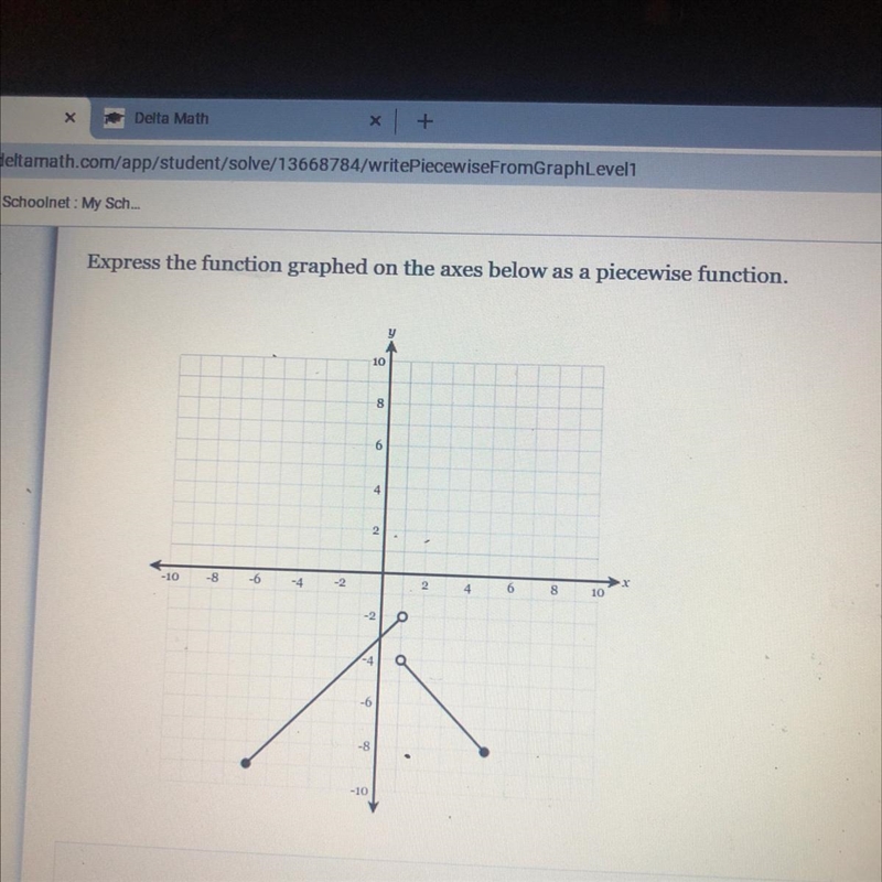 Express the function graphed on the axes below as a piecewise function.108642-10-8-6-426810-8-example-1