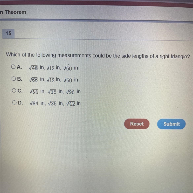 Which of the following measurements could be the side lengths of a right triangle-example-1