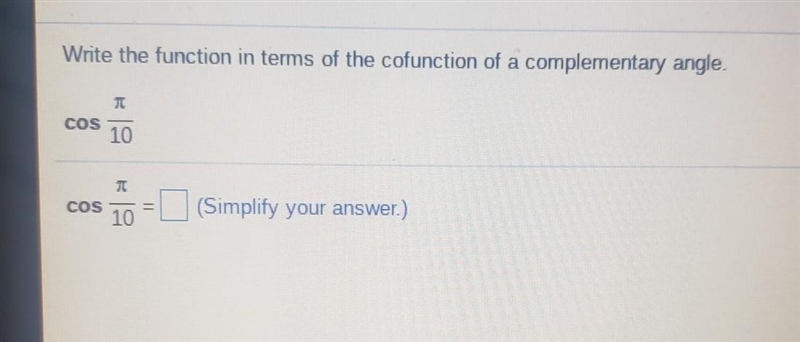 Write the function in term of the cofunction of a complementary angle-example-1