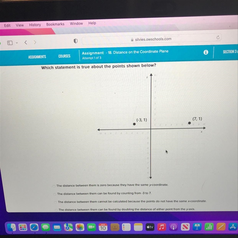 Which statement is true about the points shown below? (-3,1) (7.1) The distance between-example-1