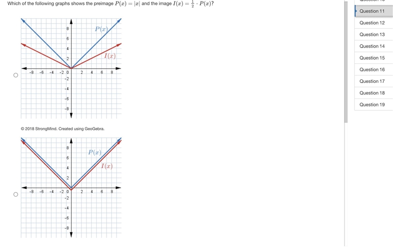 Which of the following graphs shows the preimage P(x)=|x| and the image I(x)=1/2⋅P-example-1