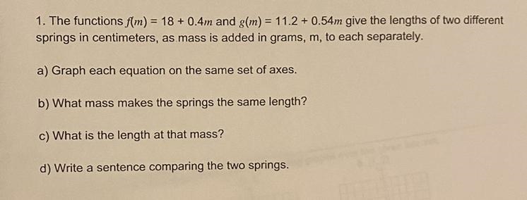 The functions f(m) = 18 + 0.4m and g(m) = 11.2 + 0.54m give the lengths of two differentsprings-example-1