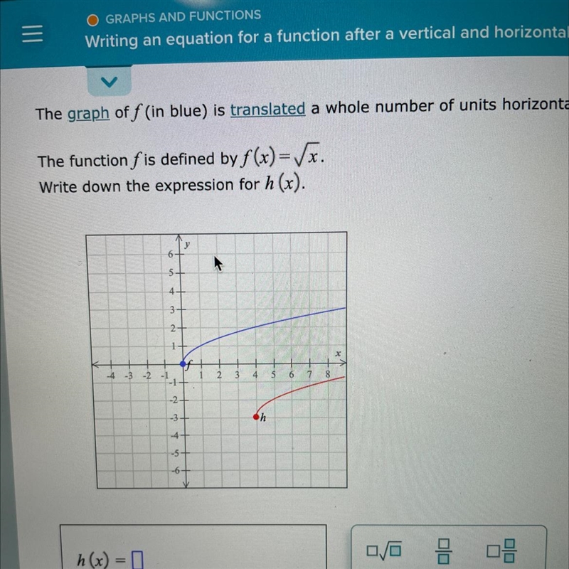 O GRAPHS AND FUNCTIONSWriting an equation for a function after a vertical and horizo-example-1