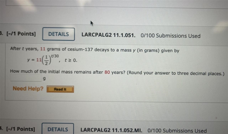 How much of the initial mass remains after 80 years? (Round your answer to three decimal-example-1